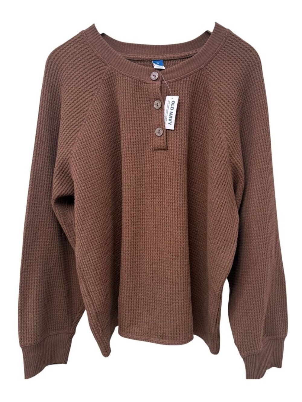 OLD NAVY Waffle Knit Henley Brown XL Long Sleeve Cotton Blend Womens Top NWT